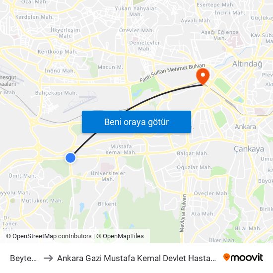 Beytepe to Ankara Gazi Mustafa Kemal Devlet Hastanesi map