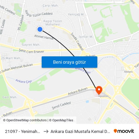 21097 - Yenimahalle Metro to Ankara Gazi Mustafa Kemal Devlet Hastanesi map