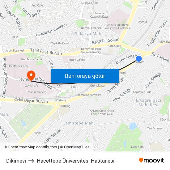 Dikimevi to Hacettepe Üniversitesi Hastanesi map