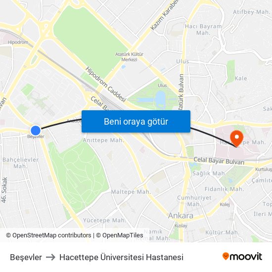 Beşevler to Hacettepe Üniversitesi Hastanesi map