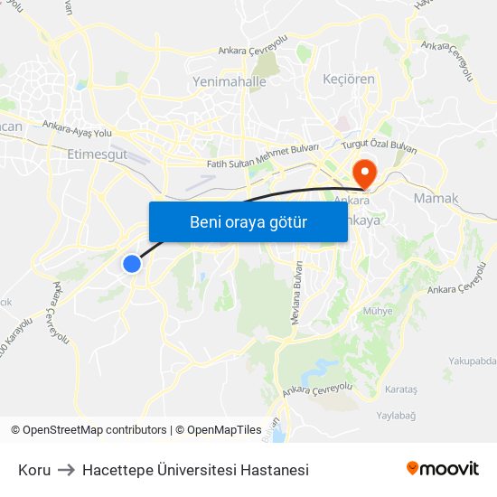 Koru to Hacettepe Üniversitesi Hastanesi map