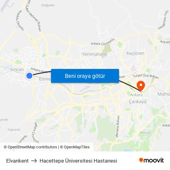 Elvankent to Hacettepe Üniversitesi Hastanesi map