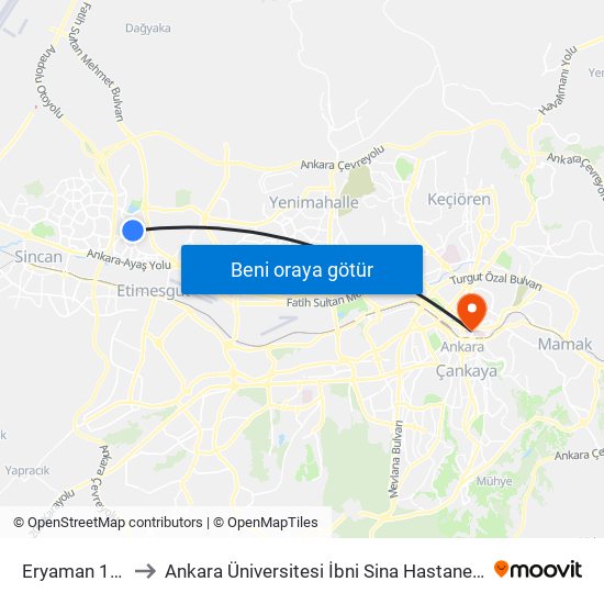 Eryaman 1-2 to Ankara Üniversitesi İbni Sina Hastanesi map