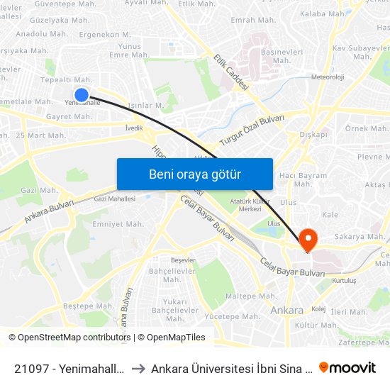 21097 - Yenimahalle Metro to Ankara Üniversitesi İbni Sina Hastanesi map