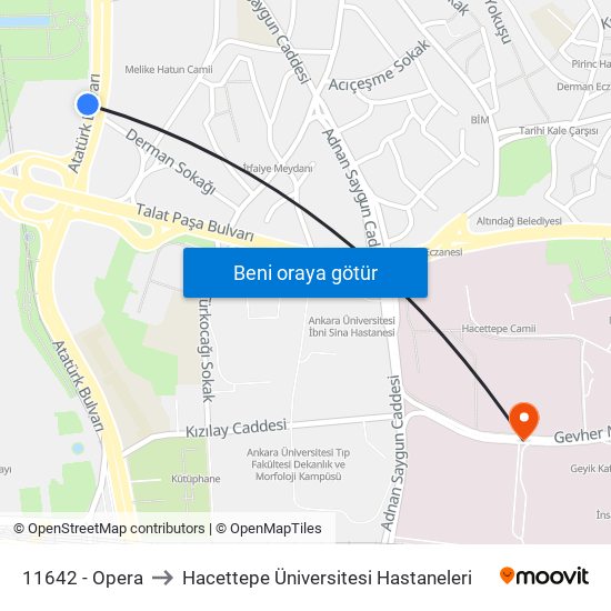 11642 - Opera to Hacettepe Üniversitesi Hastaneleri map