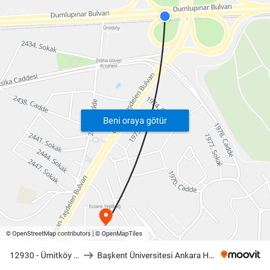 12930 - Ümitköy Metro İstasyonu to Başkent Üniversitesi Ankara Hastanesi Ümitköy Polikliniği map