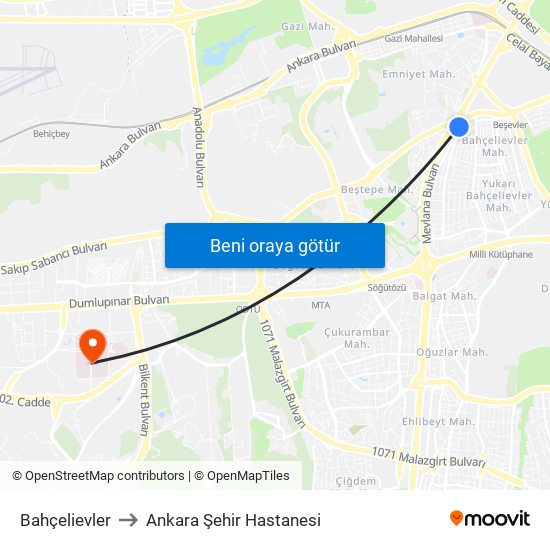 Bahçelievler to Ankara Şehir Hastanesi map