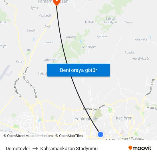 Demetevler to Kahramankazan Stadyumu map