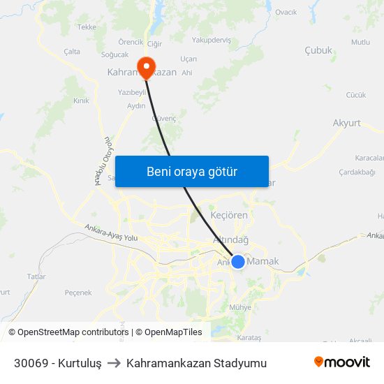 30069 - Kurtuluş to Kahramankazan Stadyumu map