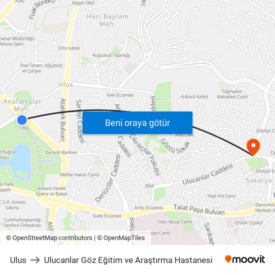 Ulus to Ulucanlar Göz Eğitim ve Araştırma Hastanesi map