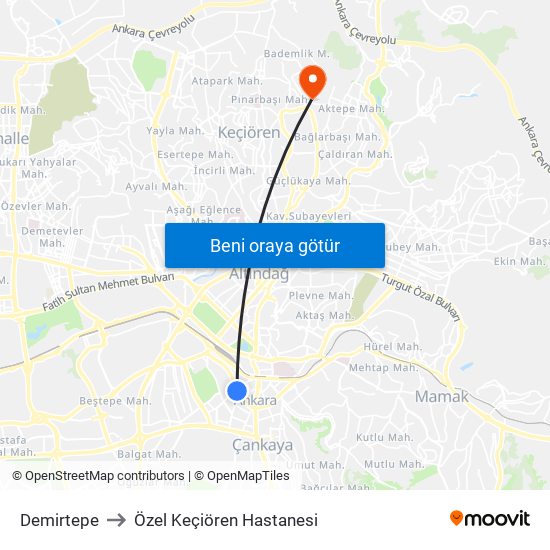 Demirtepe to Özel Keçiören Hastanesi map