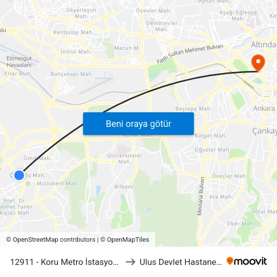 12911 - Koru Metro İstasyonu to Ulus Devlet Hastanesi map