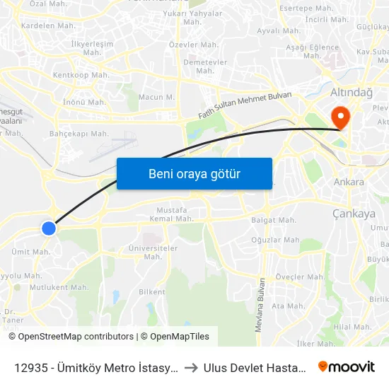 12935 - Ümitköy Metro İstasyonu to Ulus Devlet Hastanesi map