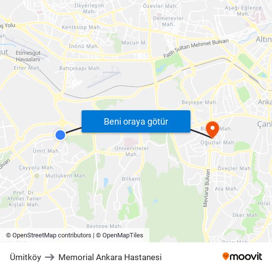 Ümitköy to Memorial Ankara Hastanesi map