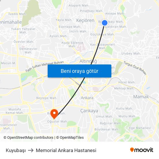 Kuyubaşı to Memorial Ankara Hastanesi map