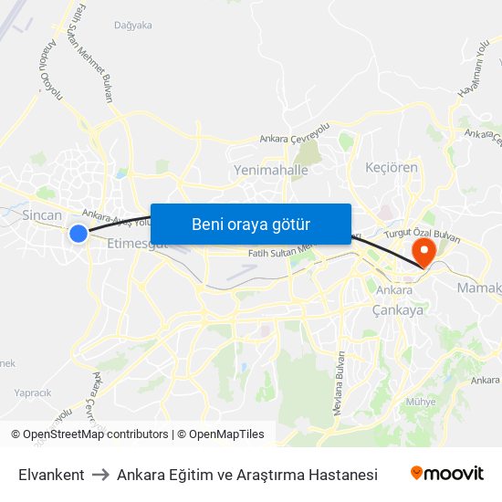 Elvankent to Ankara Eğitim ve Araştırma Hastanesi map