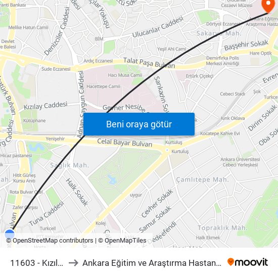 11603 - Kızılay to Ankara Eğitim ve Araştırma Hastanesi map