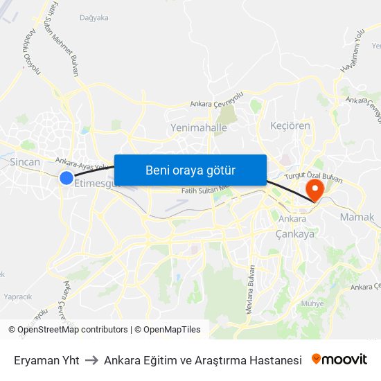 Eryaman Yht to Ankara Eğitim ve Araştırma Hastanesi map