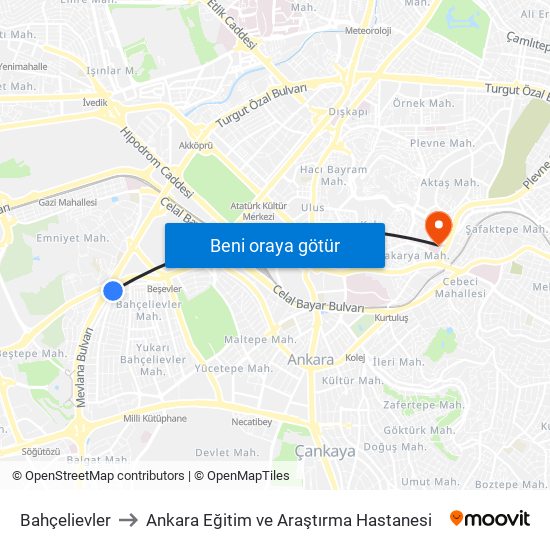 Bahçelievler to Ankara Eğitim ve Araştırma Hastanesi map