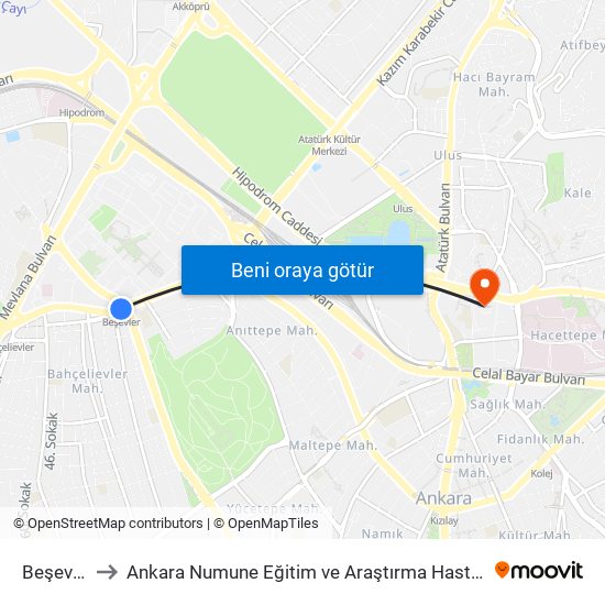 Beşevler to Ankara Numune Eğitim ve Araştırma Hastanesi map
