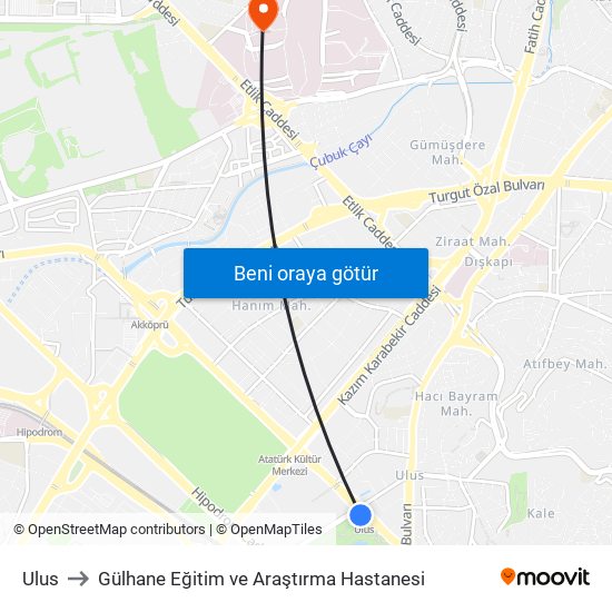 Ulus to Gülhane Eğitim ve Araştırma Hastanesi map