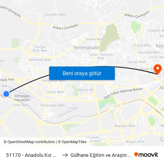 51170 - Anadolu Kız Meslek Lisesi to Gülhane Eğitim ve Araştırma Hastanesi map