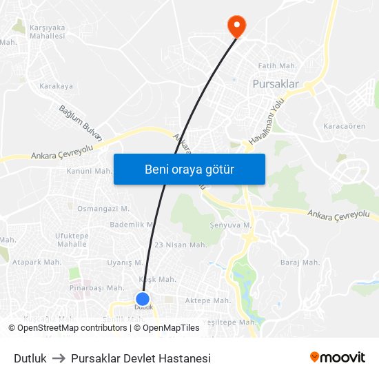 Dutluk to Pursaklar Devlet Hastanesi map