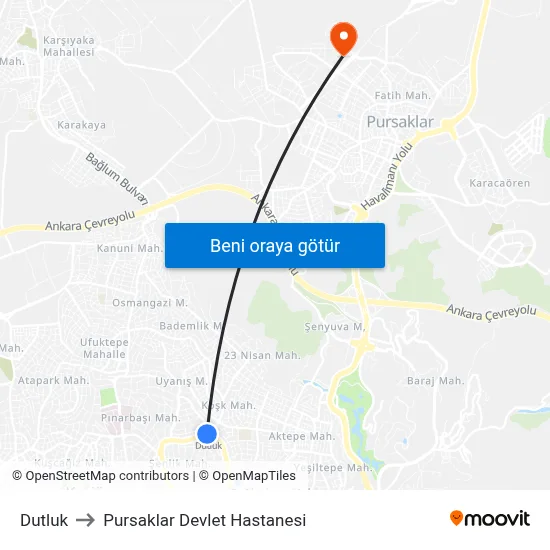 Dutluk to Pursaklar Devlet Hastanesi map