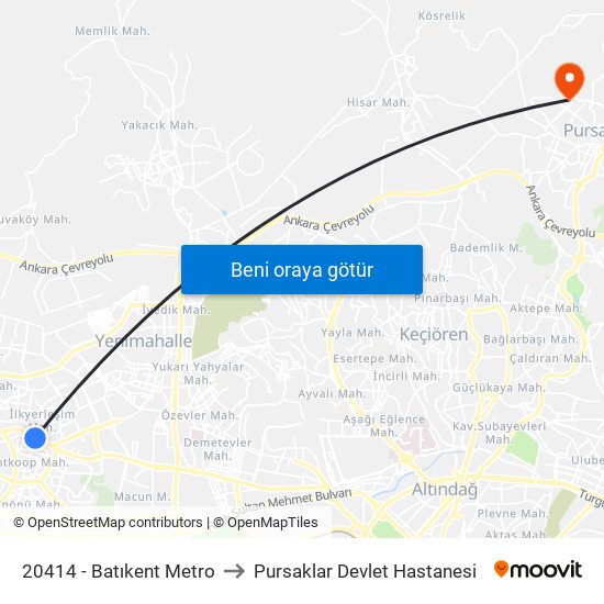 20414 - Batıkent Metro to Pursaklar Devlet Hastanesi map