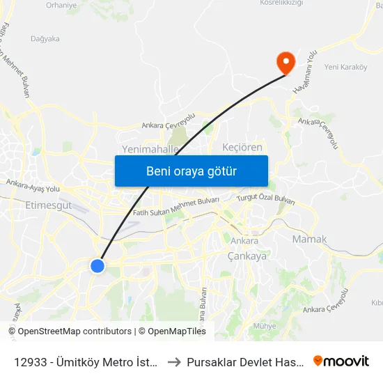 12933 - Ümitköy Metro İstasyonu to Pursaklar Devlet Hastanesi map