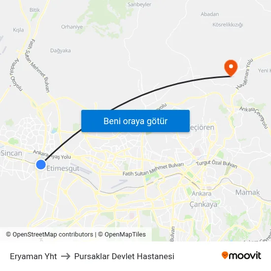 Eryaman Yht to Pursaklar Devlet Hastanesi map