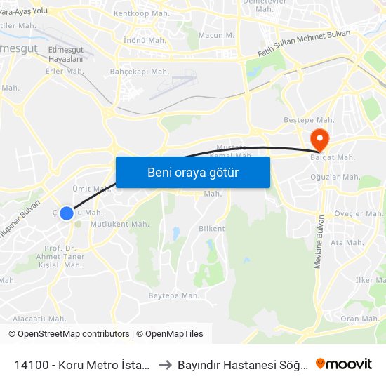 14100 - Koru Metro İstasyonu to Bayındır Hastanesi Söğütözü map