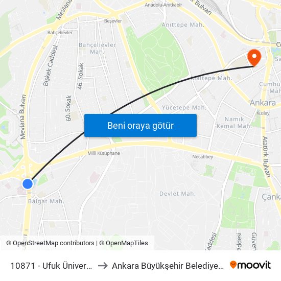 10871 - Ufuk Üniversitesi Hastanesi to Ankara Büyükşehir Belediyesi Belediye Hastanesi map