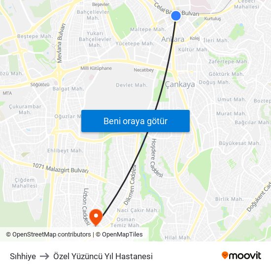 Sıhhiye to Özel Yüzüncü Yıl Hastanesi map