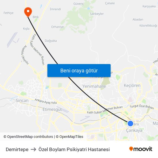 Demirtepe to Özel Boylam Psikiyatri Hastanesi map