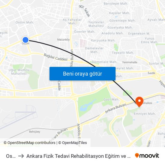 Ostim to Ankara Fizik Tedavi Rehabilitasyon Eğitim ve Araştırma Hastanesi map