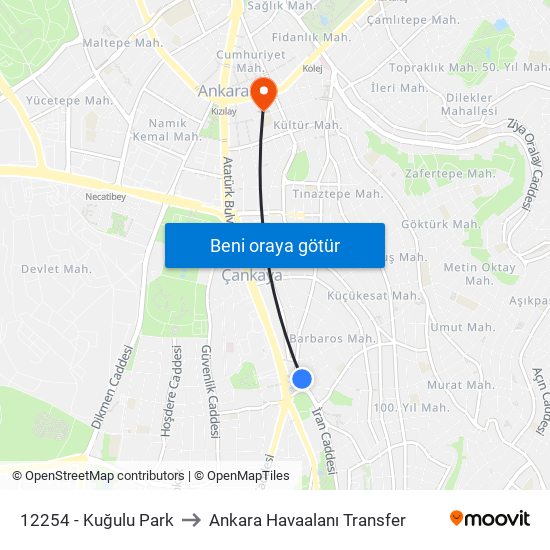 12254 - Kuğulu Park to Ankara Havaalanı Transfer map