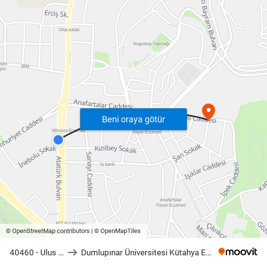 40460 - Ulus 100.Yıl Çarşısı to Dumlupınar Üniversitesi Kütahya Evliya Çelebi Devlet Hastanesi-ACİL map