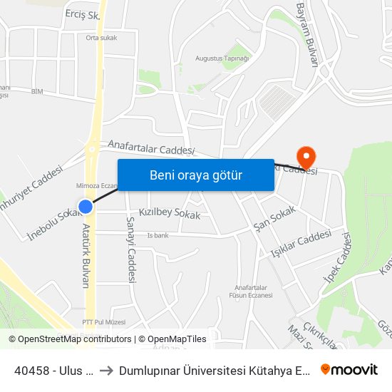 40458 - Ulus 100.Yıl Çarşısı to Dumlupınar Üniversitesi Kütahya Evliya Çelebi Devlet Hastanesi-ACİL map