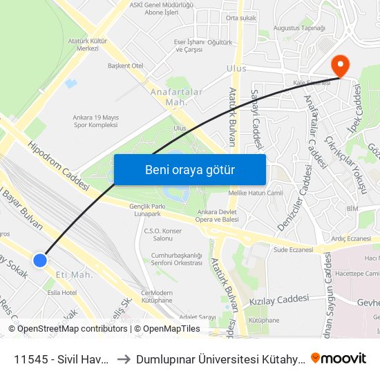 11545 - Sivil Havacılık Genel Müdürlüğü to Dumlupınar Üniversitesi Kütahya Evliya Çelebi Devlet Hastanesi-ACİL map