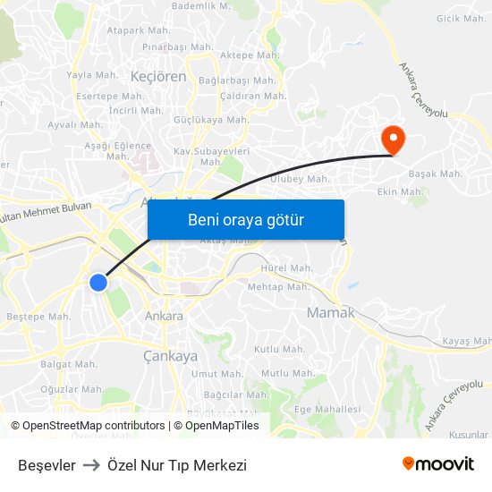 Beşevler to Özel Nur Tıp Merkezi map