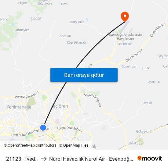 21123 - İvedik Metro to Nurol Havacılık Nurol Air - Esenboğa Havalimanı Hangar map