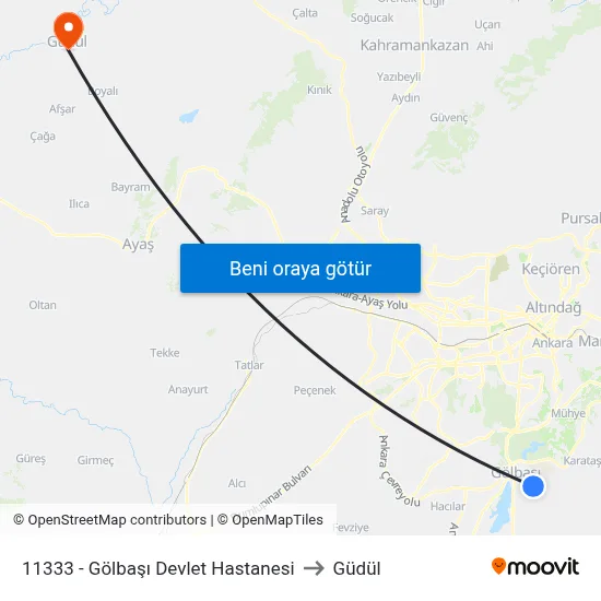 11333 - Gölbaşı Devlet Hastanesi to Güdül map