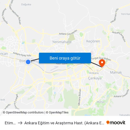 Etimesgut to Ankara Eğitim ve Araştırma Hast. (Ankara Egitim ve Arastirma Hastanesi) map