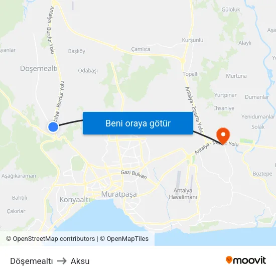Döşemealtı to Aksu map