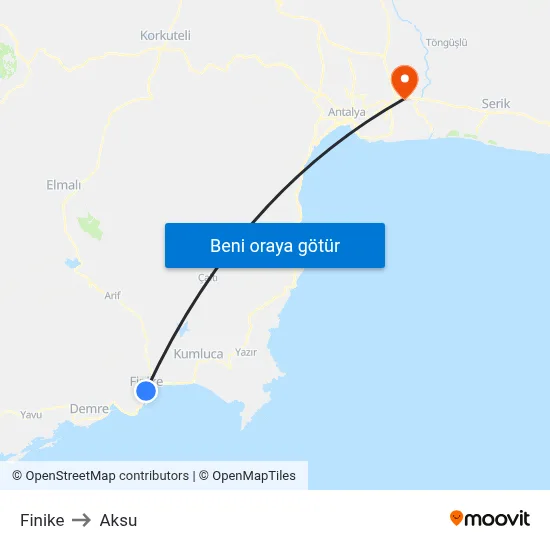 Finike to Aksu map