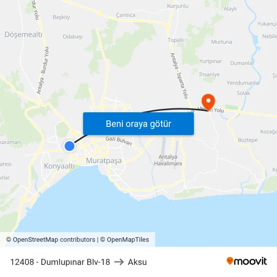 12408 - Dumlupınar Blv-18 to Aksu map