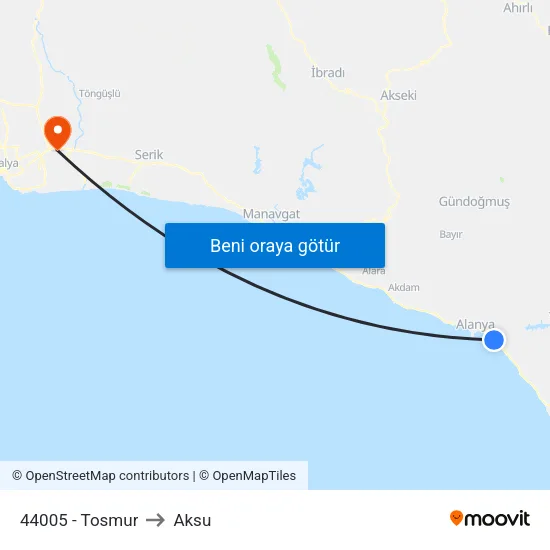 44005 - Tosmur to Aksu map