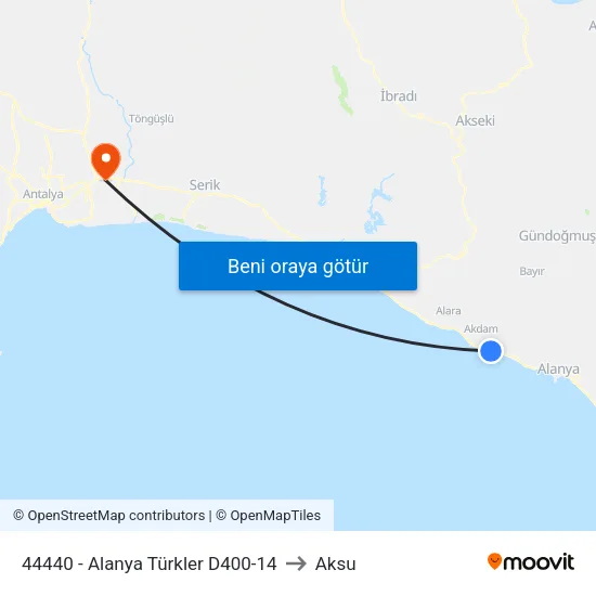 44440 - Alanya Türkler D400-14 to Aksu map