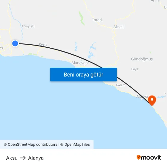 Aksu to Alanya map